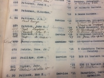 Photograph from a Club membership list showing erbest Perry's name scored out ad ' Killed' written next to it
