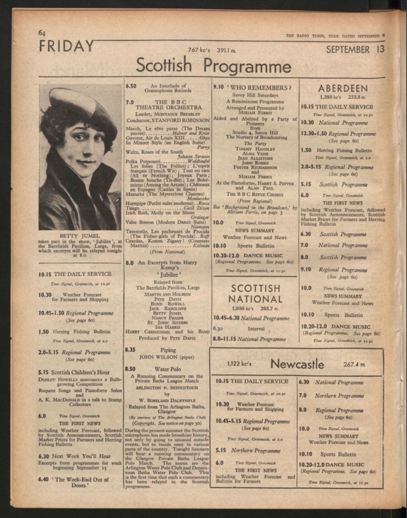 Page of the Radio Times for Friday September 13, listing the Scottish Programme, including variations in the prgramme being broadcast in Aberdeen and Newcastle.