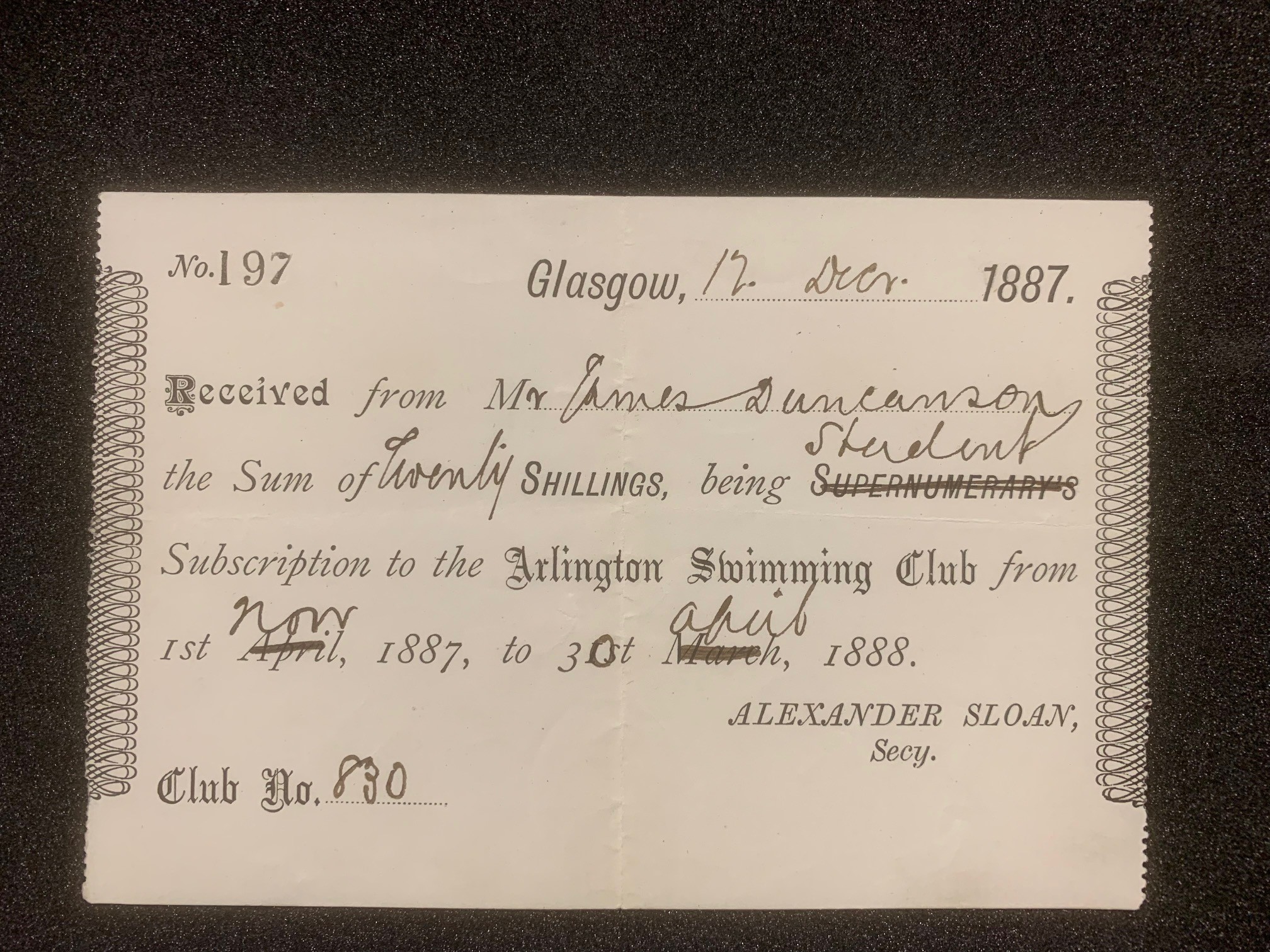 Receipt from 1887 for membership of the Arlington Swimming Club